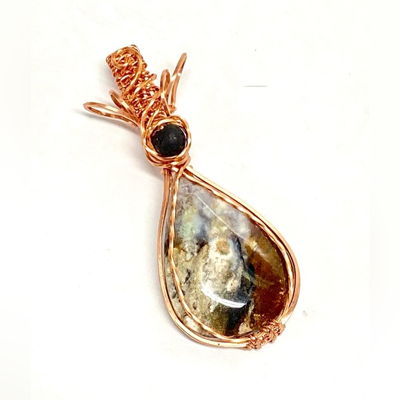 HANDCRAFTED Plume Agate Hand Wrapped Pure Copper Lava Bead Statement Pendant - Picture 7 of 10
